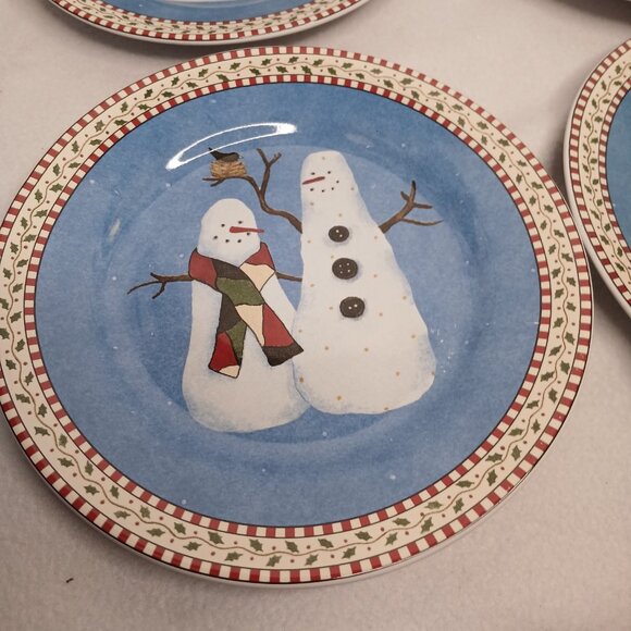 4 Salad Plates Sakura Debbie Mumm 4 Designs Snowman Vintage Stoneware 1997 Folk - Picture 7 of 13